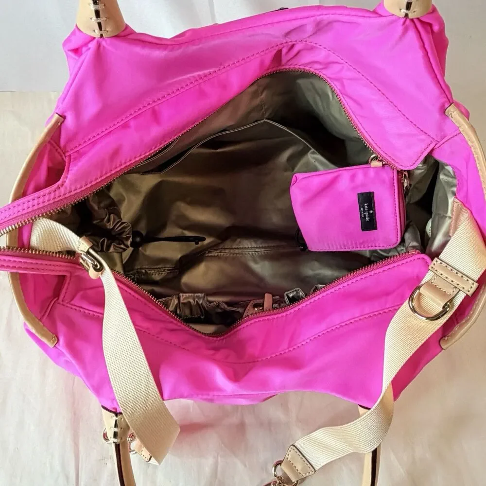 Kate Spade NY Classic Nylon Stevie Pink Beige Logo Diaper Bag Tote Travel EUC